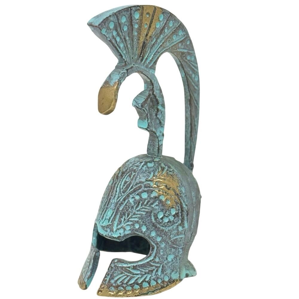 Greek Corinthian Helmet Statue Blue Green Patina Spartan Warrior Decor